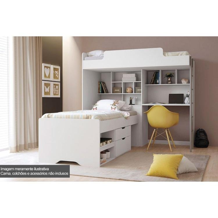 Beliche Multifuncional Office New (Cama+Escrivaninha de CPU+Baú+Nicho+Prateleiras) Branco - Santos A - 5