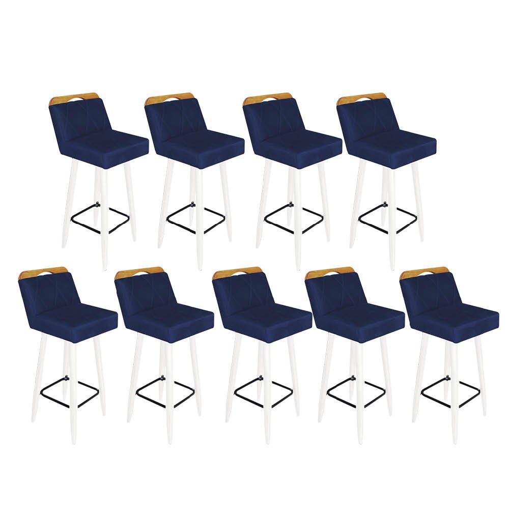 Kit 09 Banqueta Alta Encosto Lith Para Cozinha Bar Balcão Bistrô Pé Palito Branco Suede Azul Marinho - 1