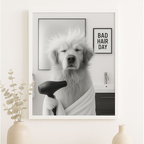 Quadro Banheiro Golden Retriever - Bad Day Hair 45x34cm - com Vidro:moldura Branca