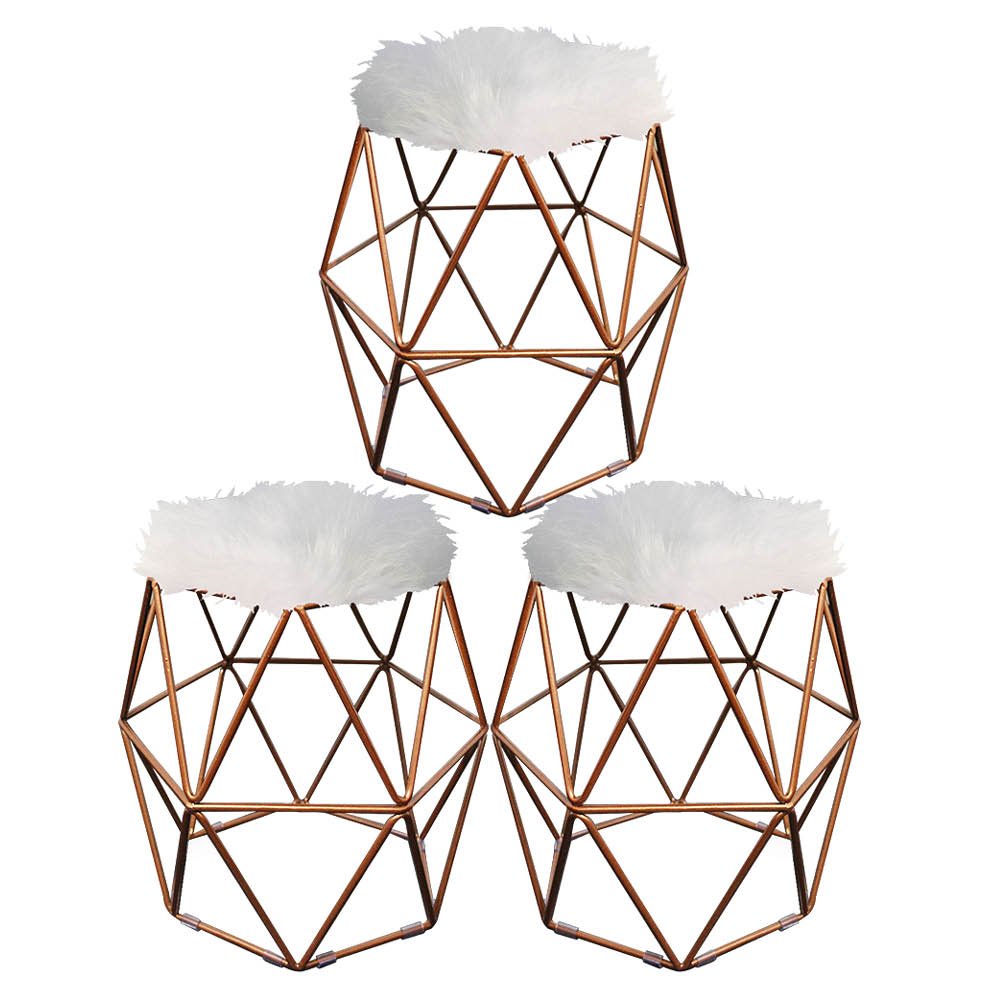 Kit 03 Puff Banqueta Luna Aramado Hexágono Para Penteadeira Sala Quarto Bronze Pelúcia Branco - - 1