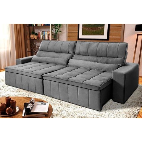Sofá Retrátil Reclinável Supremo 2,10m Suede Velut Cinza Molas no Assento - King House