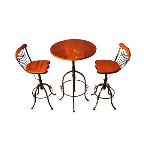 Mesa Bistrô 2 Banquetas Ajustável Rustica de Ferro e Madeira