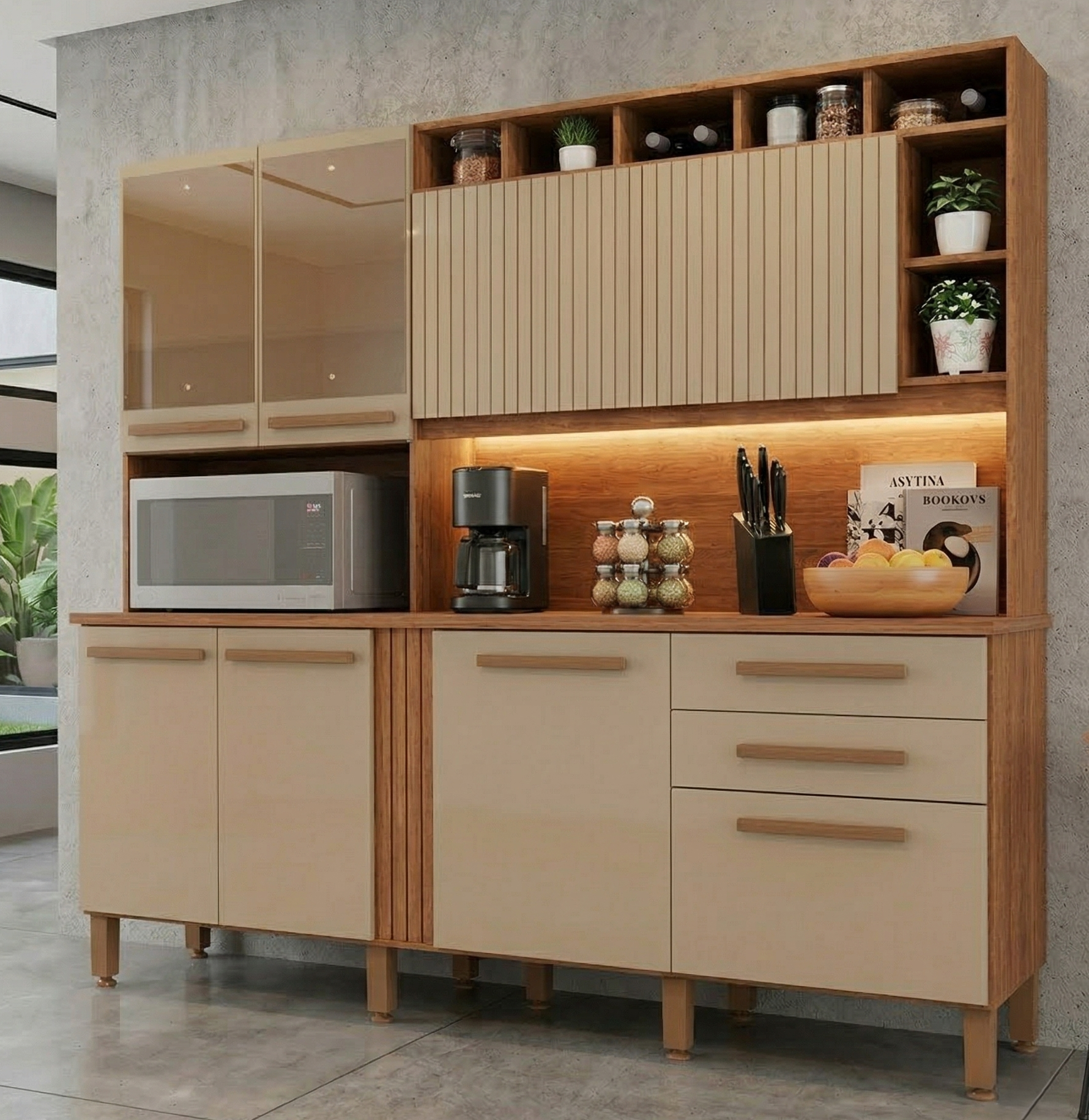 まや Cozinha Compacta em MDP 8 Portas 2 Gavetas Millena com Vidro