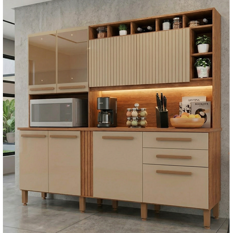 Cozinha Compacta em MDP 8 Portas 2 Gavetas Millena com Vidro Reflecta Yescasa Marrom/Mel/Arenas 