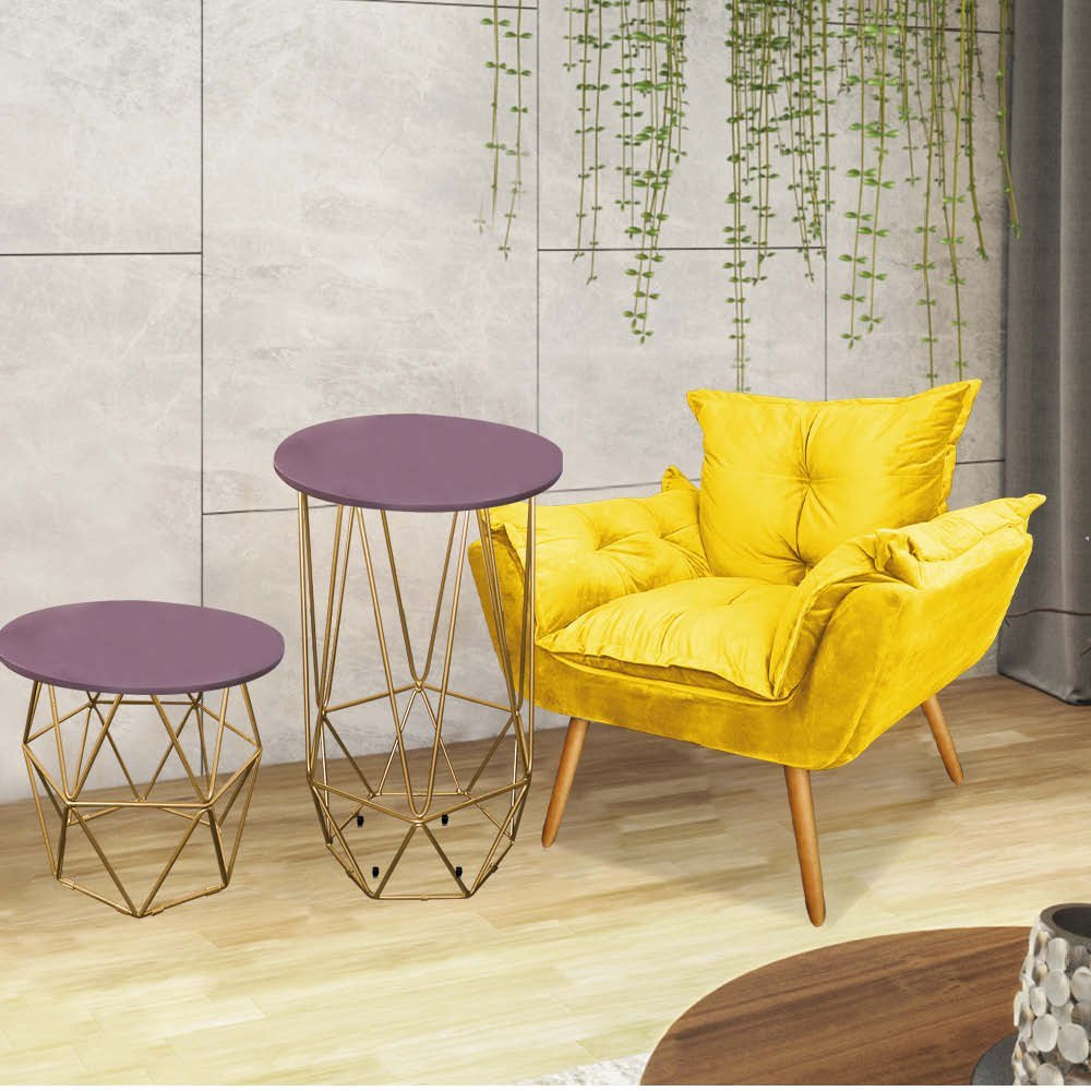 Kit Poltrona Opala com 2 Mesas Lizie Ferro Dourado Tampo Redondo Rose Suede Amarelo - Ahazzo Móveis  - 1