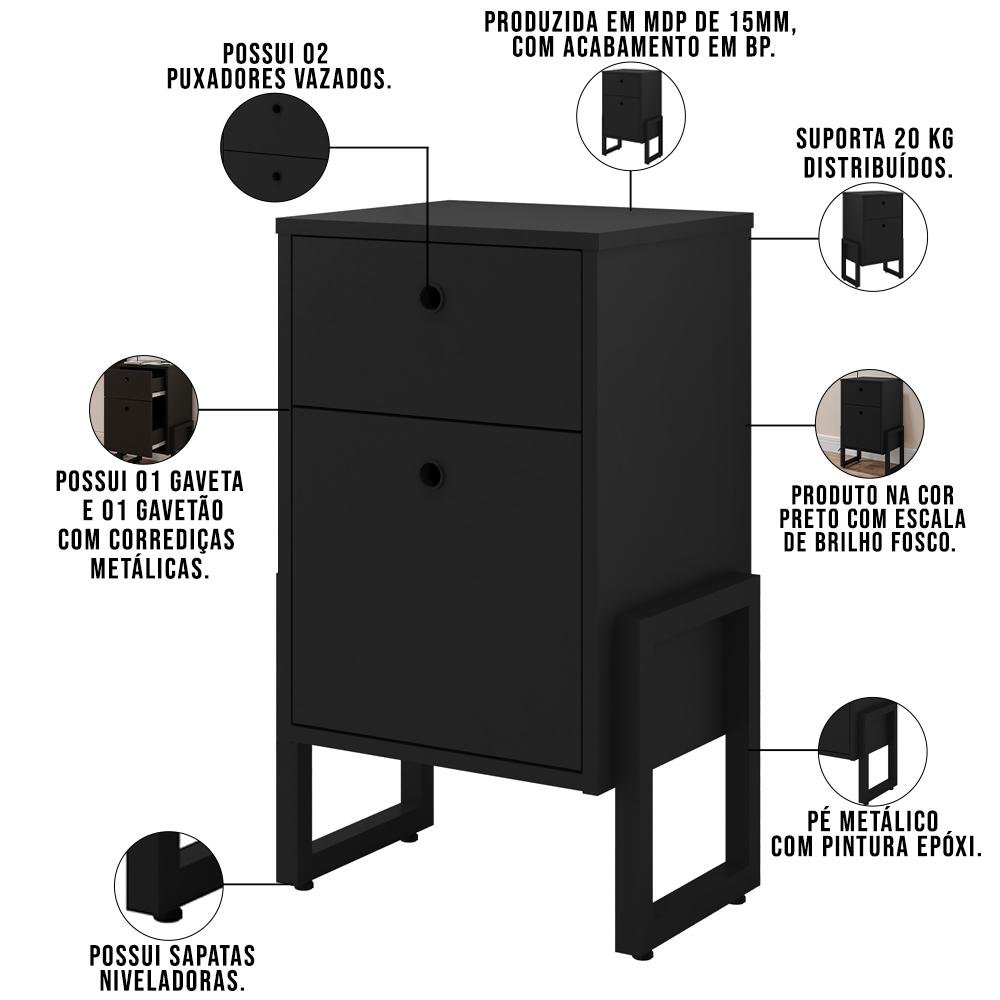 Cabeceira Queen Vicenza 160 cm Linho Chumbo L02 Com 02 Mesas de Cabeceira Work Preto - Lyam Decor - 6
