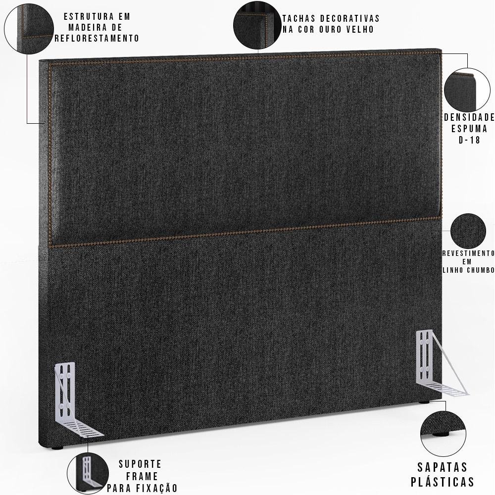 Cabeceira Queen Vicenza 160 cm Linho Chumbo L02 Com 02 Mesas de Cabeceira Work Preto - Lyam Decor - 5