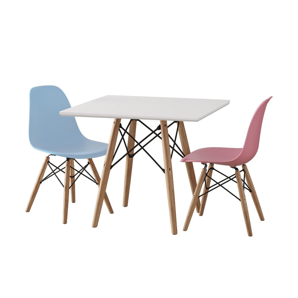 Conjunto de Mesa Eames Eiffel Madeira Infantil 68cm Quadrado Branco 1 Cadeira Azul 1 Cadeira Rosa - 2