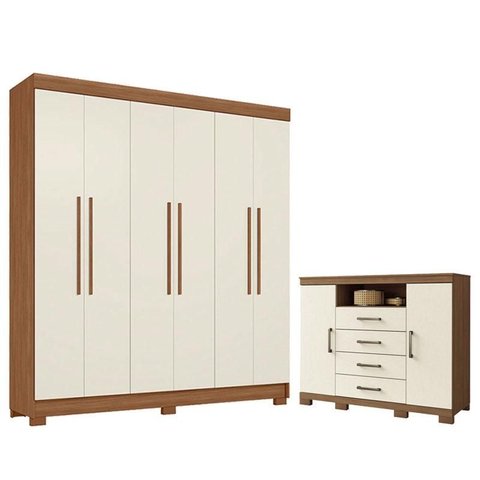 Guarda Roupa Casal Toledo 6 Portas com Cômoda Havana com Pés Jatobá Areia - Santos Andirá