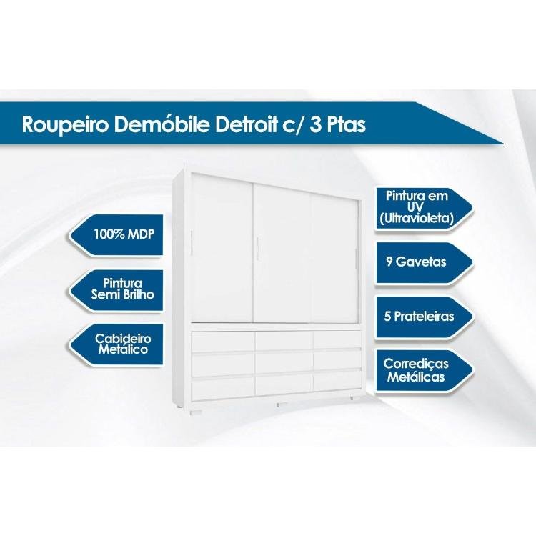 Guarda Roupa Casal 3 Portas de Correr e 9 Gavetas Detroit Branco - Demóbile - 2