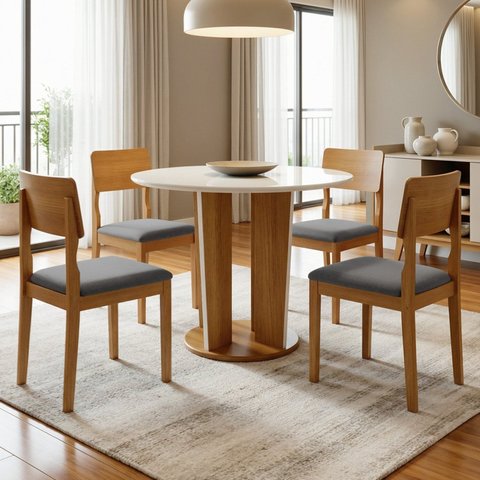 Conjunto Sala de Jantar 4 Lugares Redonda Tampo de Vidro 135cm Mesa e Cadeira Ana Marrom/Cinamomo/Off White/Linho Prata