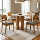 Ver imagem 1 de Conjunto Sala de Jantar 4 Lugares Redonda Tampo de Vidro 135cm Mesa e Cadeira Ana Marrom/Cinamomo/Off White/Linho Prata