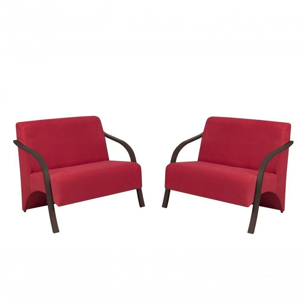 Kit 2 Poltronas 2 Lugares Suede Braço Madeira Vermelho - 1