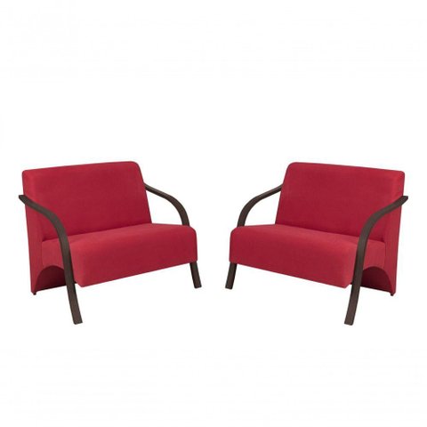 Kit 2 Poltronas 2 Lugares Suede Braço Madeira Vermelho
