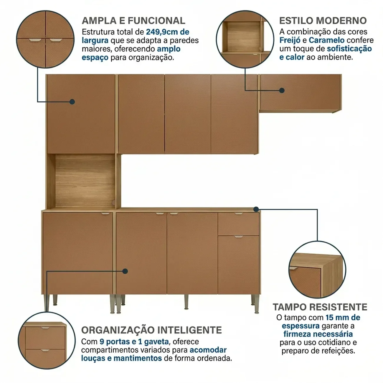 Ver imagem 5 de Cozinha Compacta 9 Portas 1 Gaveta 249,9 cm Soul Marrom Freijó/Caramelo