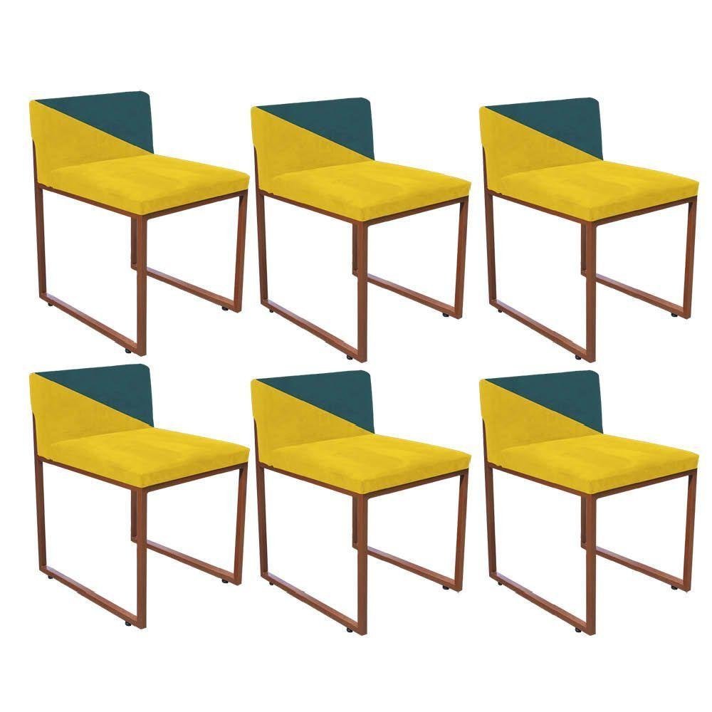 Kit 06 Cadeira Ferro Bronze Suede Amarelo E Azul Turquesa - 1