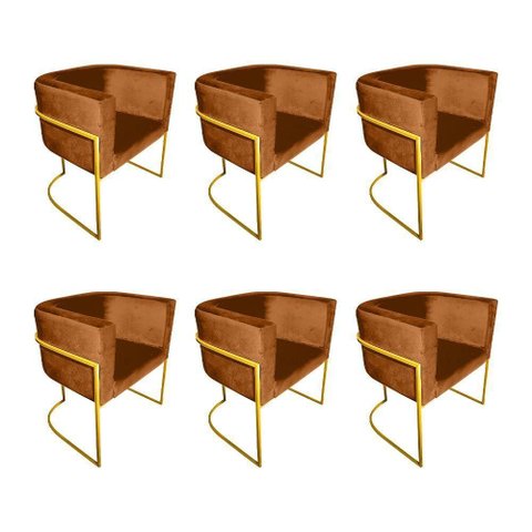 Kit 6 Poltronas Decorativa Sala de Estar Base de Ferro Dourada Veludo Terracota Laranja