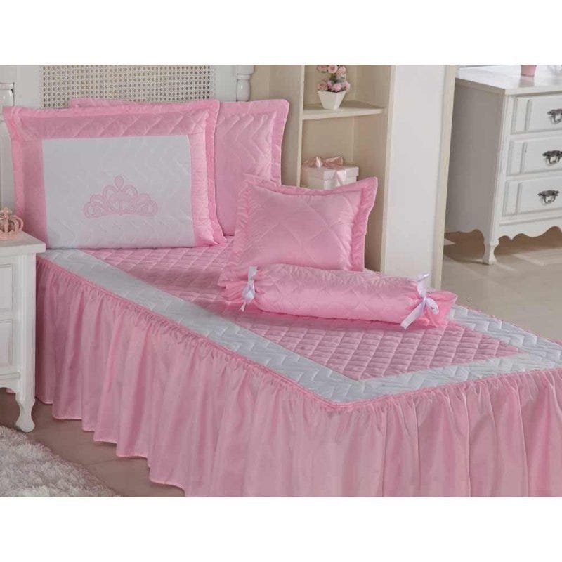 Princesa Colcha Rosa Colcha Solteiro Princesa 04 Peças Detalhes Bordados - Rosa | MadeiraMadeira
