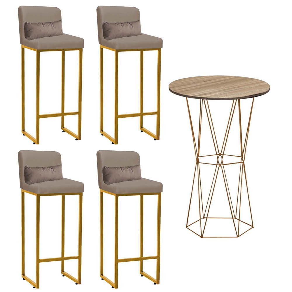 Kit Mesa Bistrô Flork e 4 Banqueta Lucca Alta Com Encosto Tampo Madeira Ferro Dourado Sintético Bege - 1