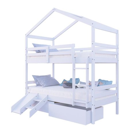 Beliche Solteiro Casinha com Gavetas e Kit Escada/Escorregador Madeira Maciça Branco Megamobilia