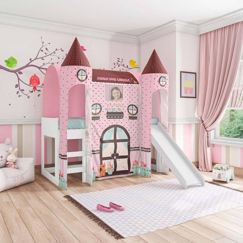 Cama com Escorregador Joy Dossel Doce Casinha 2 Torres e Led Branco/rosa - 1