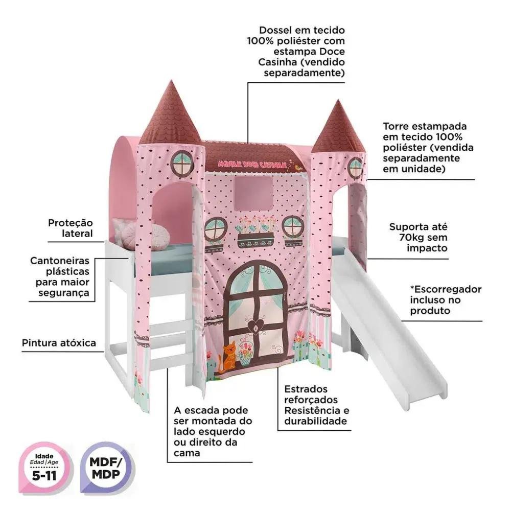Cama com Escorregador Joy Dossel Doce Casinha 2 Torres e Led Branco/rosa - 5