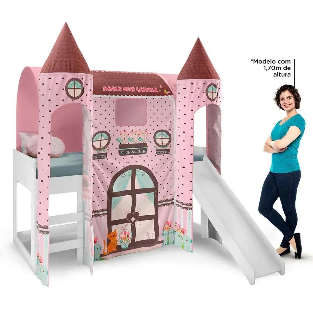 Cama com Escorregador Joy Dossel Doce Casinha 2 Torres e Led Branco/rosa - 4