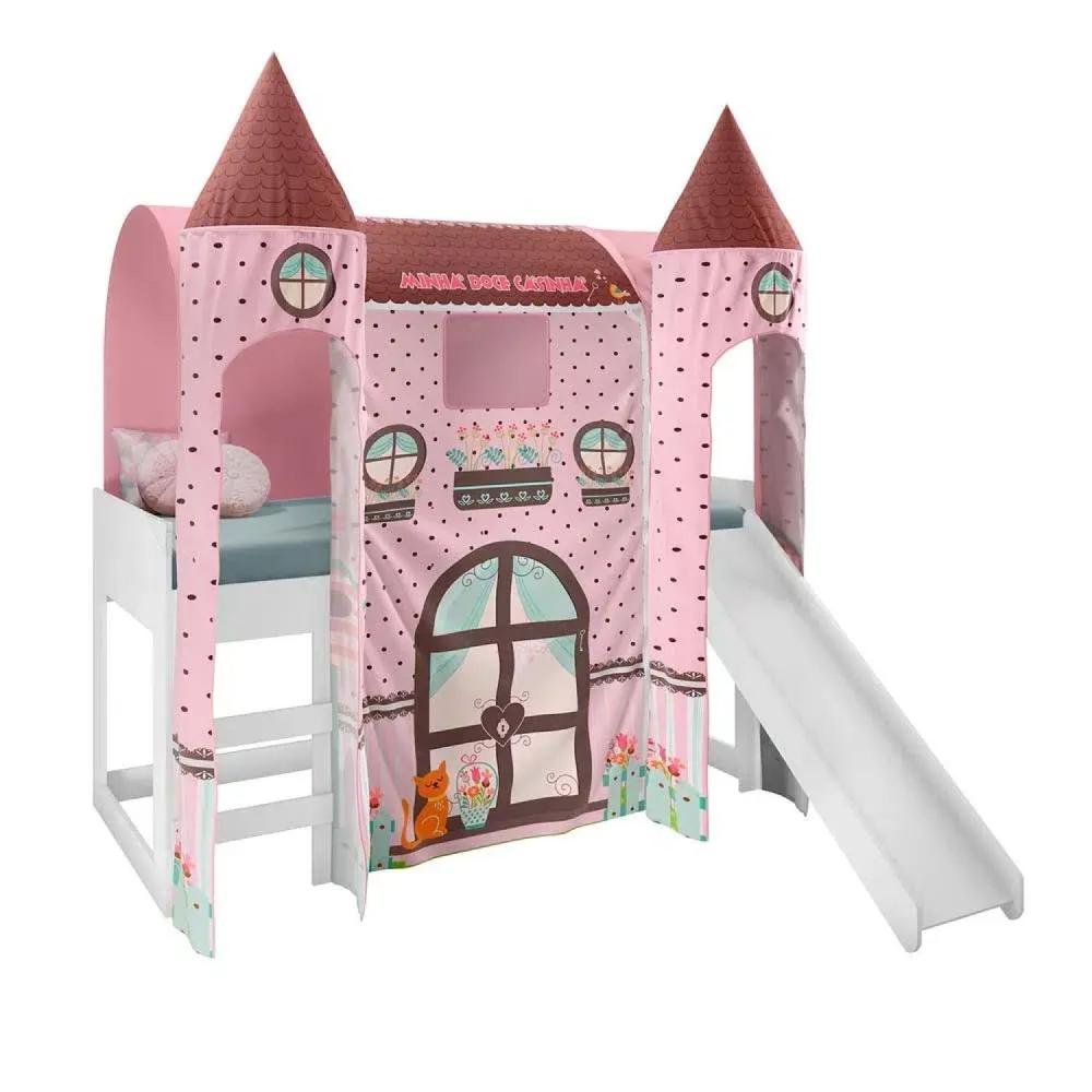 Cama com Escorregador Joy Dossel Doce Casinha 2 Torres e Led Branco/rosa - 2