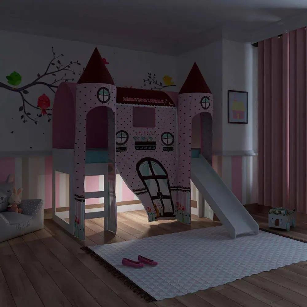 Cama com Escorregador Joy Dossel Doce Casinha 2 Torres e Led Branco/rosa - 6