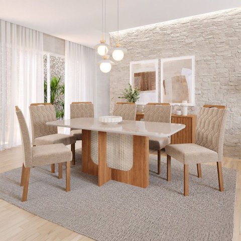Sala de Jantar 6 Lugares Tampo de Vidro 160 cm Matilda Cadeiras Madeira Maciça Cinamomo/Bege - Panor