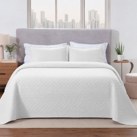 Colcha Matelassê - Queen Size - Madison 3D - Branco - Dupla Face - c/ Porta Travesseiros - Rozac