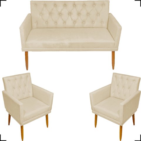 Kit Namoradeira Decorativa Para Sala Capitonê Com Base + 2 Poltronas Para Recepção Suede