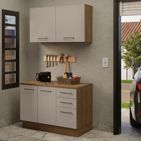 Kit com Balcão e Armário Aéreo Multiuso 120cm Rustic/crema Agata Madesa Rustic/crema