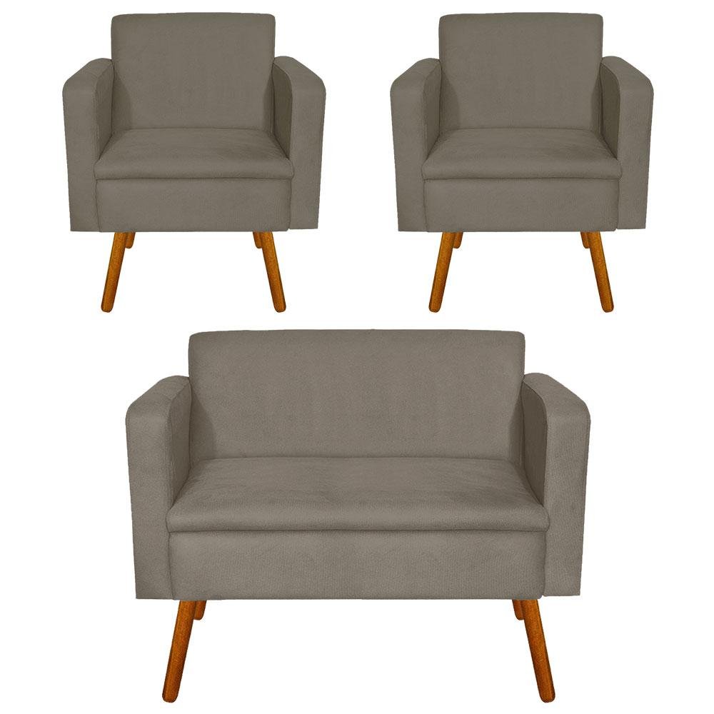 Kit Sofá Retrô Namoradeira e 02 Poltronas Emília Suede Marrom Rato Pés Palito - D'Rossi - 1