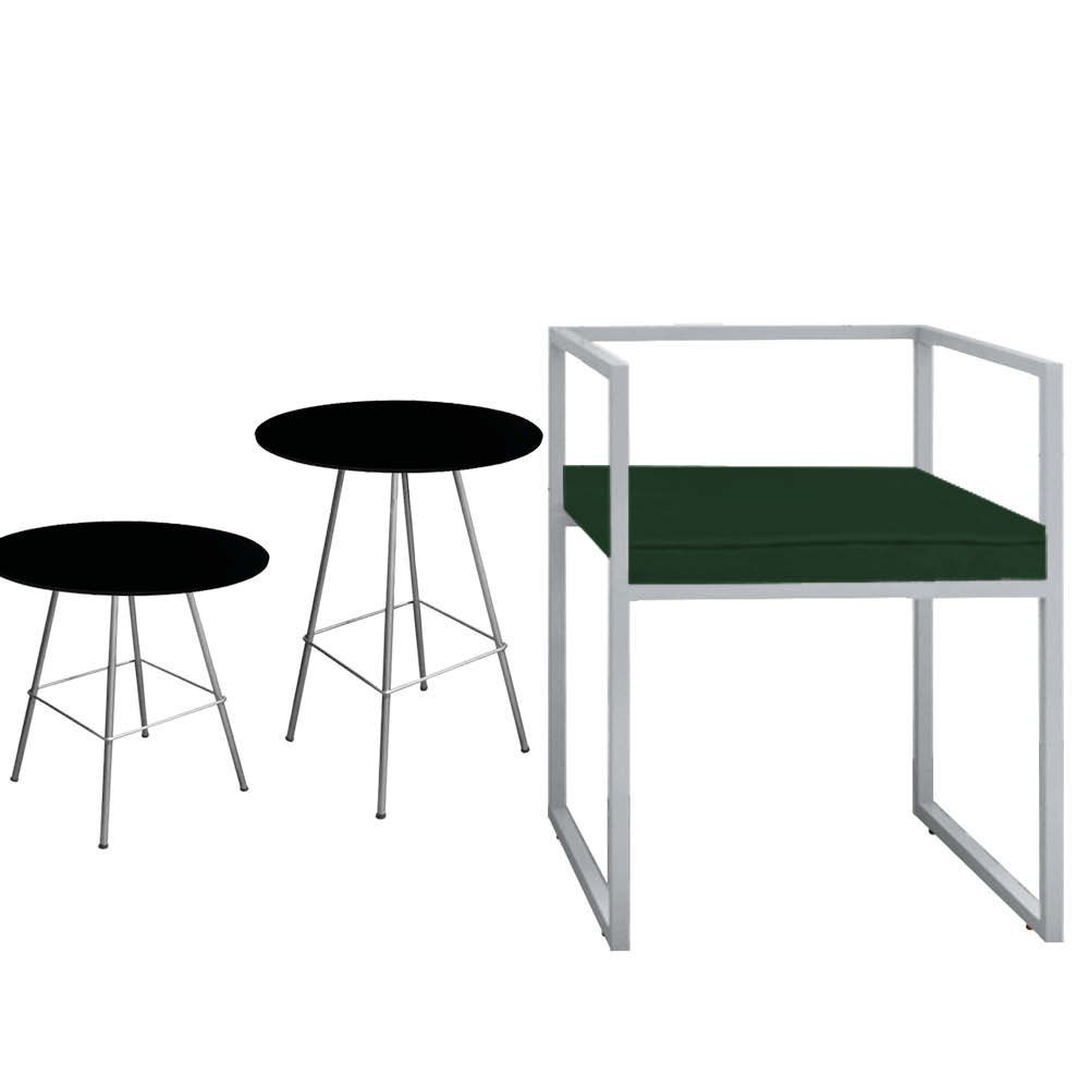 Kit Poltrona Cubo com 2 Mesas Juan Eiffel Ferro Cinza Tampo Redondo Preto Suede Verde - Ahazzo Móvei - 2