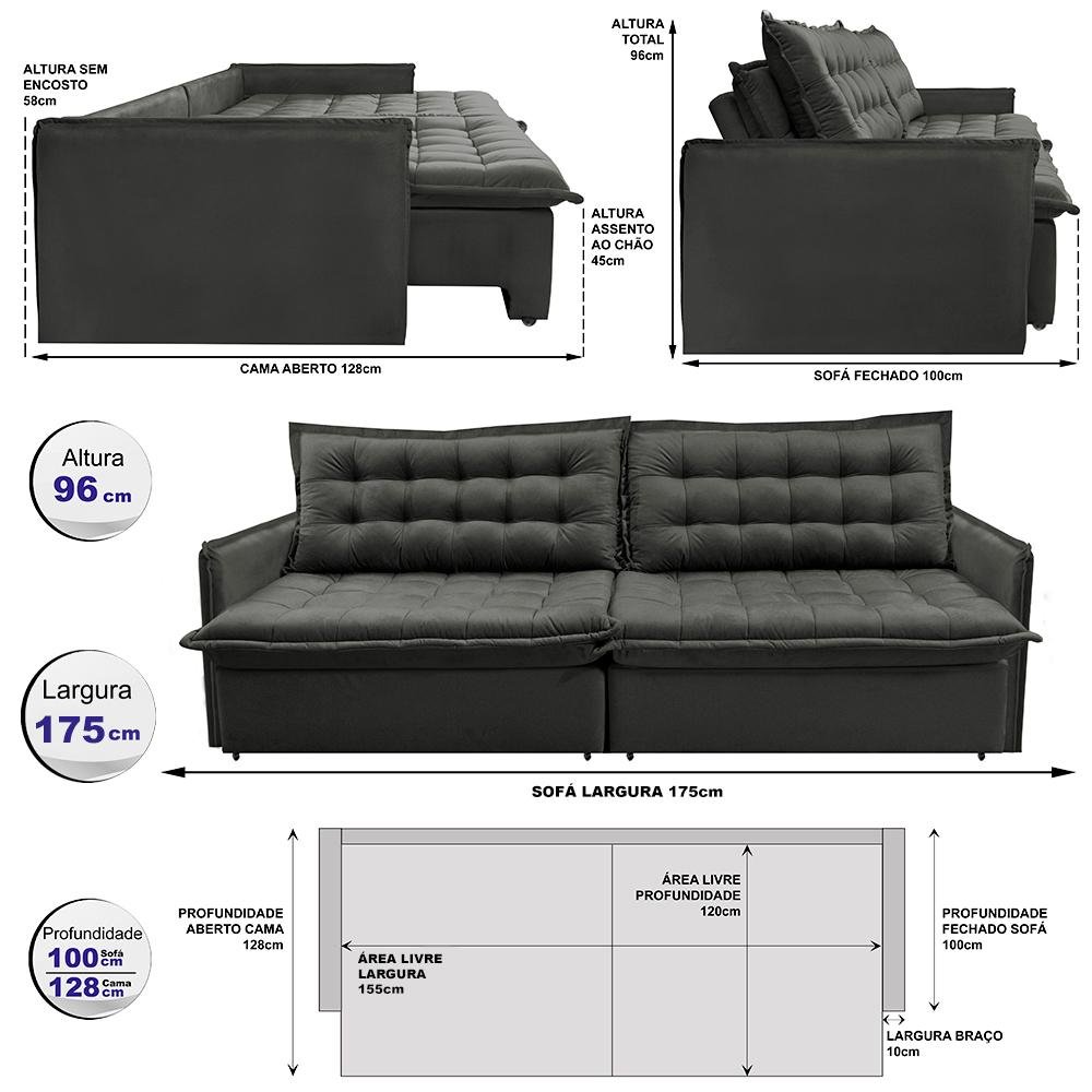 Sofá Sem Caixa Retrátil e Reclinável 1,75m Cama inBox Versátil Suede Velusoft Cinza - 2