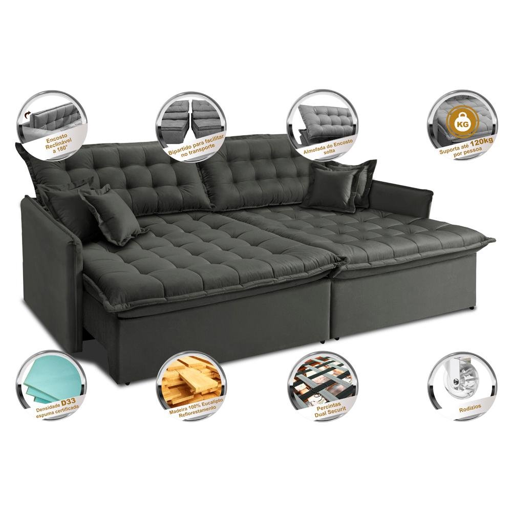 Sofá Sem Caixa Retrátil e Reclinável 1,75m Cama inBox Versátil Suede Velusoft Cinza - 3