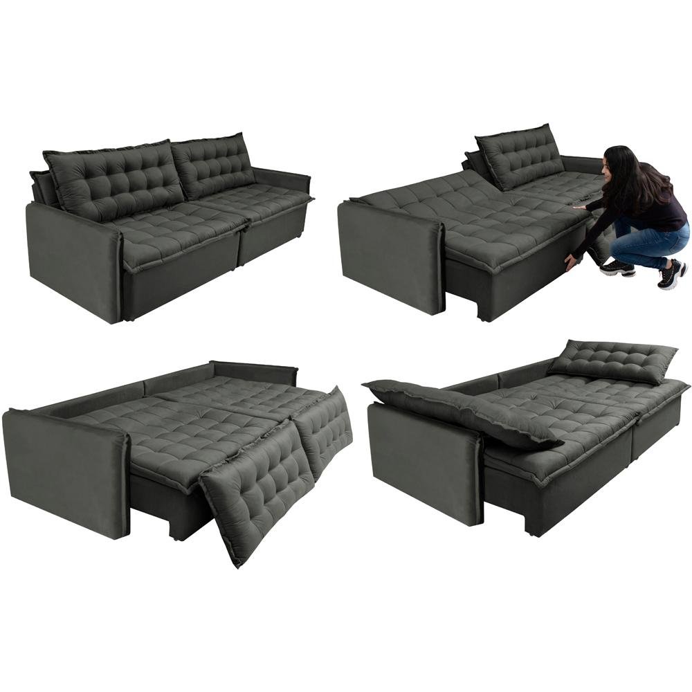 Sofá Sem Caixa Retrátil e Reclinável 1,75m Cama inBox Versátil Suede Velusoft Cinza - 7