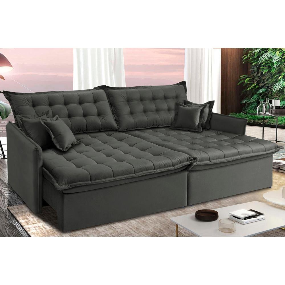 Sofá Sem Caixa Retrátil e Reclinável 1,75m Cama inBox Versátil Suede Velusoft Cinza - 1