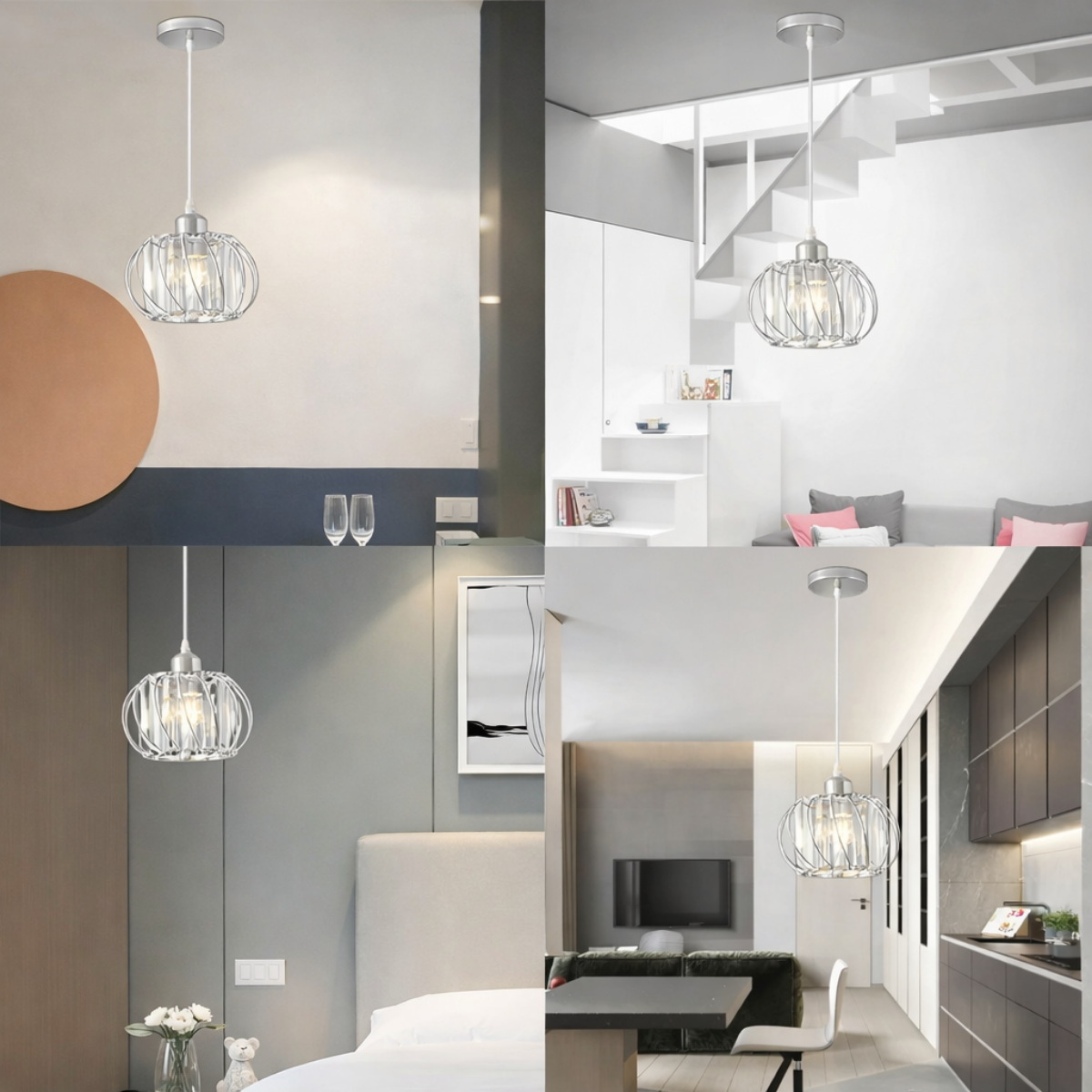 Ver imagem 5 de Lustre Pendente 20cm Cristal Prata Metal Aros Luminária Suspensa Teto Gimpo Kjdd-e-015-silvery