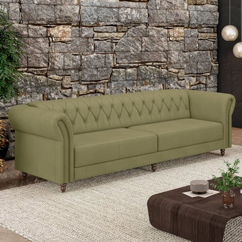 Sofá Living Sala de Estar Stanford Chesterfield 3 Lugares 260cm Pés de Madeira Couro Fendi G58 - Gra