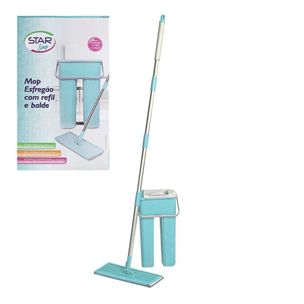 Rodo Flat Mop e Balde Lava e Seca Profissional com 1 Refil