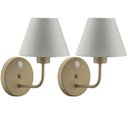 Ver imagem 1 de 2 Arandelas de Parede em Alumínio Dourado Cúpula Tecido Natural com Interruptor Abajur Quarto