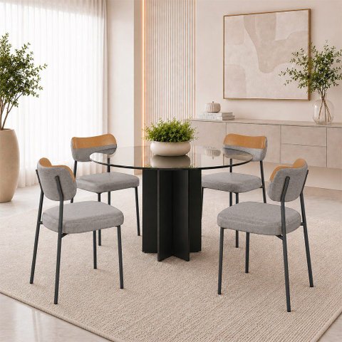 Kit 4 Cadeiras Sala de Jantar Lisa Pés Preto Linho/PU Cinza/Caramelo m² - Monari Design