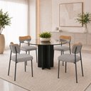 Ver imagem 1 de Kit 4 Cadeiras Sala de Jantar Lisa Pés Preto Linho/PU Cinza/Caramelo m² - Monari Design
