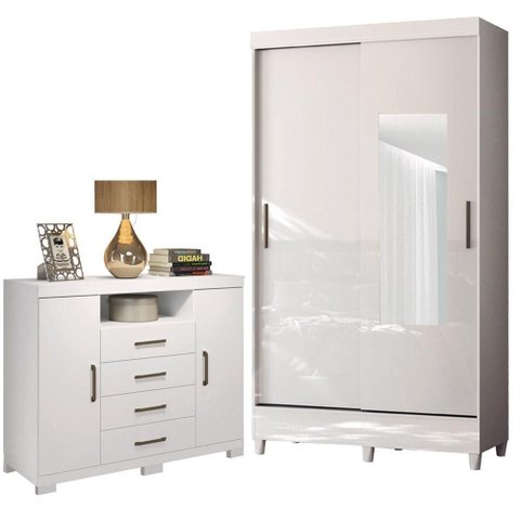 Guarda Roupa Solteiro 2 Portas de Correr com Espelho e Pés e Cômoda Havana Master com Pés Branco