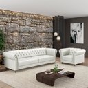 Ver imagem 1 de Conjunto Sala de Estar 1 Sofá Living 200cm e 1 Poltrona Stanford Chesterfield Pés Madeira Couro Bran