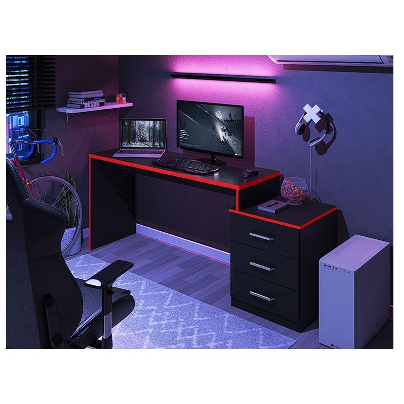 Mesa para Computador Gamer Ambiente Drx 5000 Preto Trama Vermelho - Móveis Leão