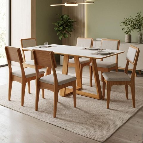 Mesa Jantar 1,80m 6 Lugares com 6 Cadeiras Assento Estofado 100% MDF Dalla Costa Cor:Off White com