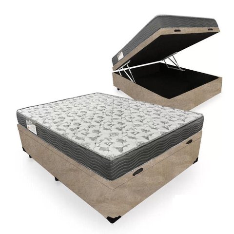 Cama Box Baú Casal Suede + Colchão de Molas Ensacadas Sereneprime 138x188x62cm Bege